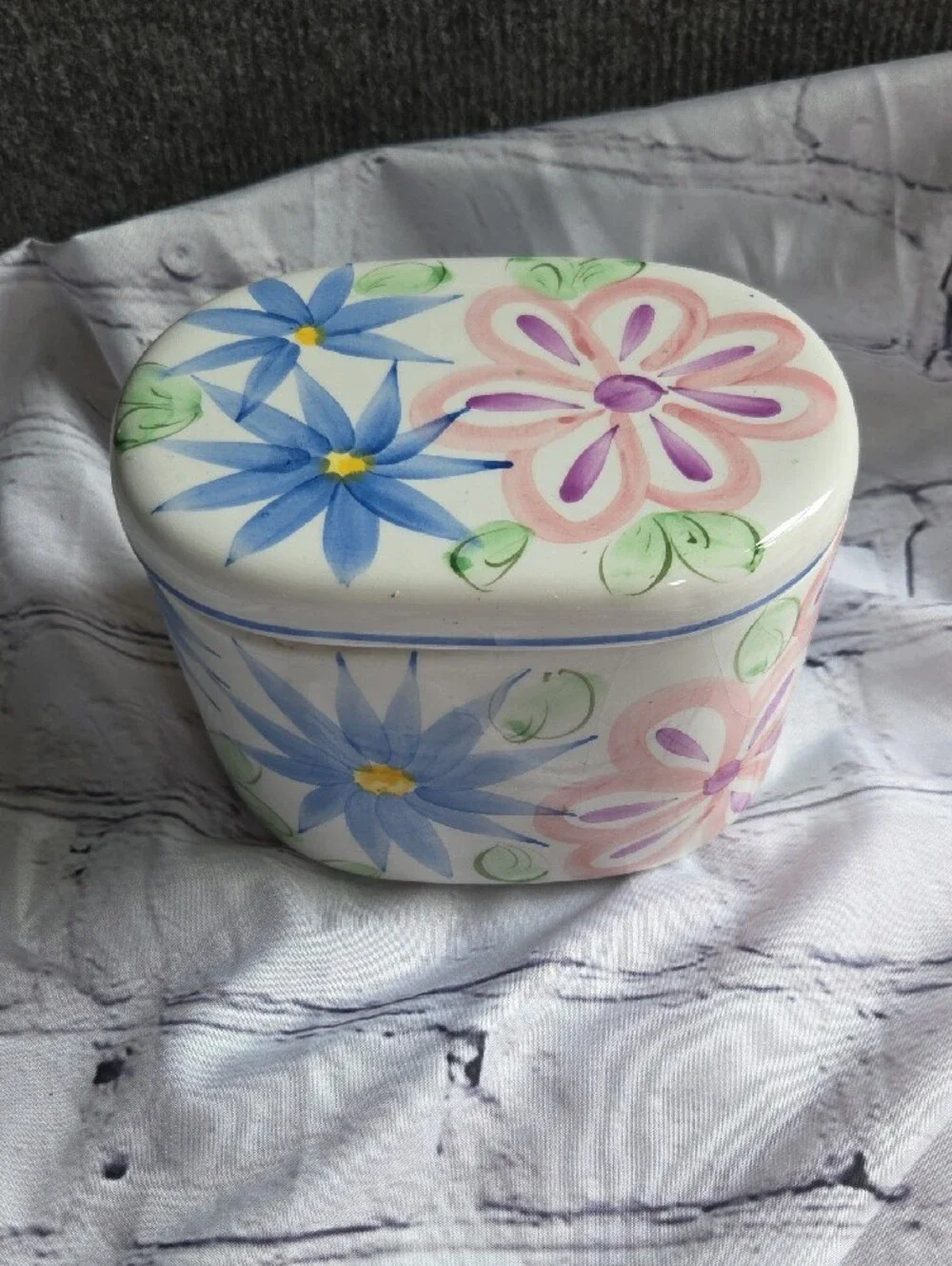 Vintage Floral Ceramic Storage Jar - White with Blue & Pink Flowers